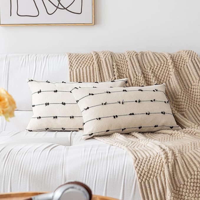 Boho Throw Pillow Covers 12x20 Set of 2 Modern Farmhouse Decorative Cushion Case Tufted Square Pillows Cover Neutral Pillow Cases Accent Pillowcase for Sofa,Couch,Bed,Beige and Black