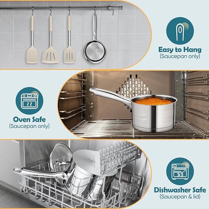 P&P CHEF 1 Quart Saucepan with Lid Set, Stainless Steel Small Cooking Pot Induction Sauce Pan for Pasta Soup, Ergonomic Handle & Tri-ply Base, Dishwasher Safe, 1 Pan