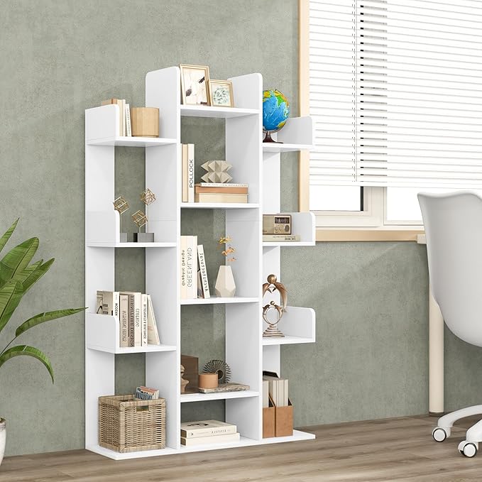 Tangkula Freestanding Tree Bookshelf, Corner Storage Organizer with 13 Open Shelves, Decorative Display Cube Shelf for Living Room, Study, Office, 34 x 9.5 x 55.5 Inch (2, White)