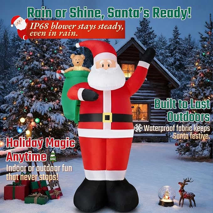 8 FT Christmas Inflatable Santa Claus Outdoor Decorations - LED Lights, Waterproof & Durable Inflatable Xmas Yard Decor for Lawn, Garden, Patio & Outdoor Christmas Inflatables