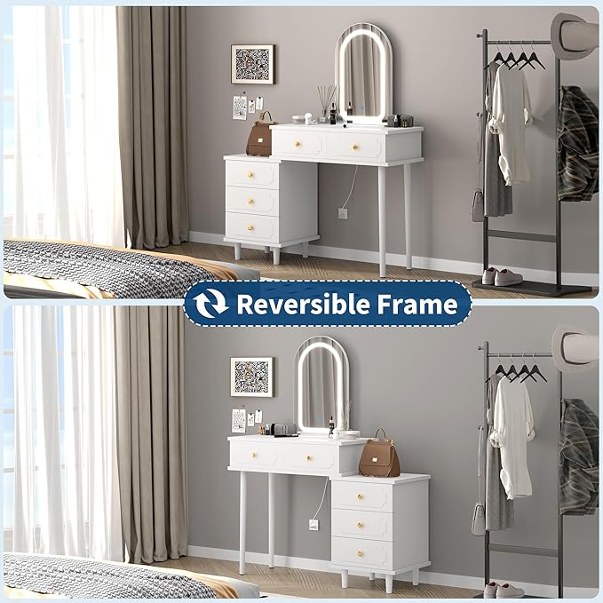 Garvee Makeup Vanity Desk with Mirror and Lights, Modern White Vanity Table with 2 Drawers & Adjustable 3-Drawer Cabinet, Wood Dressing Table for Bedroom