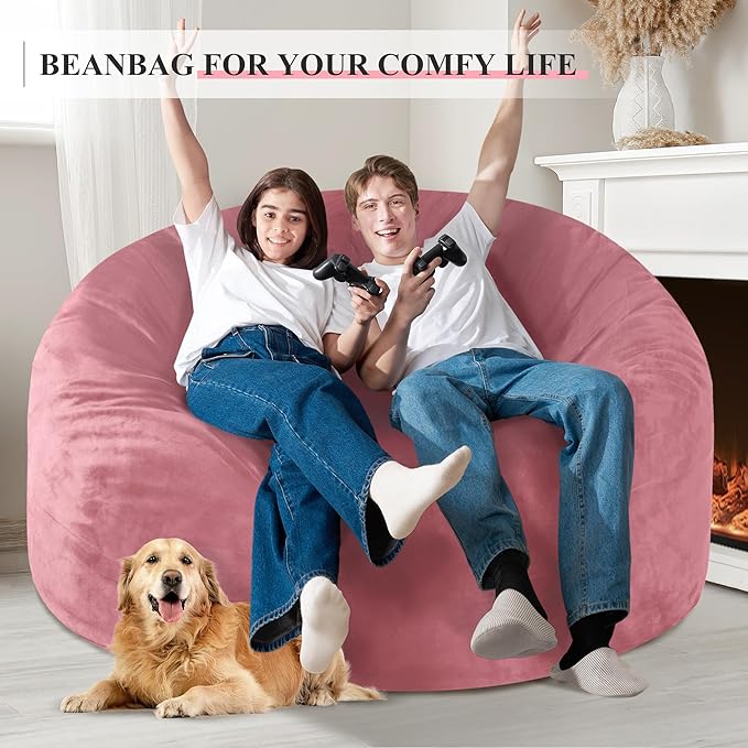 Homguava 5 FT Bean Bag Chair: 5' Bean Bags with Memory Foam Filled, Large Beanbag Chairs Soft Sofa with Dutch Velvet Cover-Dusty Pink