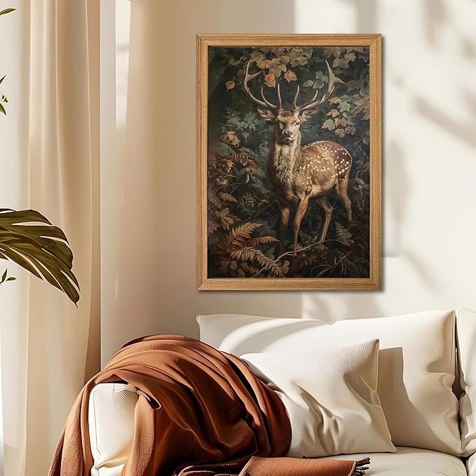 Framed 3D Textured Vintage Wall Art - Dark Academia Decor Sika Deer Hand Drawn Sandstone Paintings with Botanical Florals, Aesthetic Wall Decor for Living Room Bedroom Home 24x36 inch