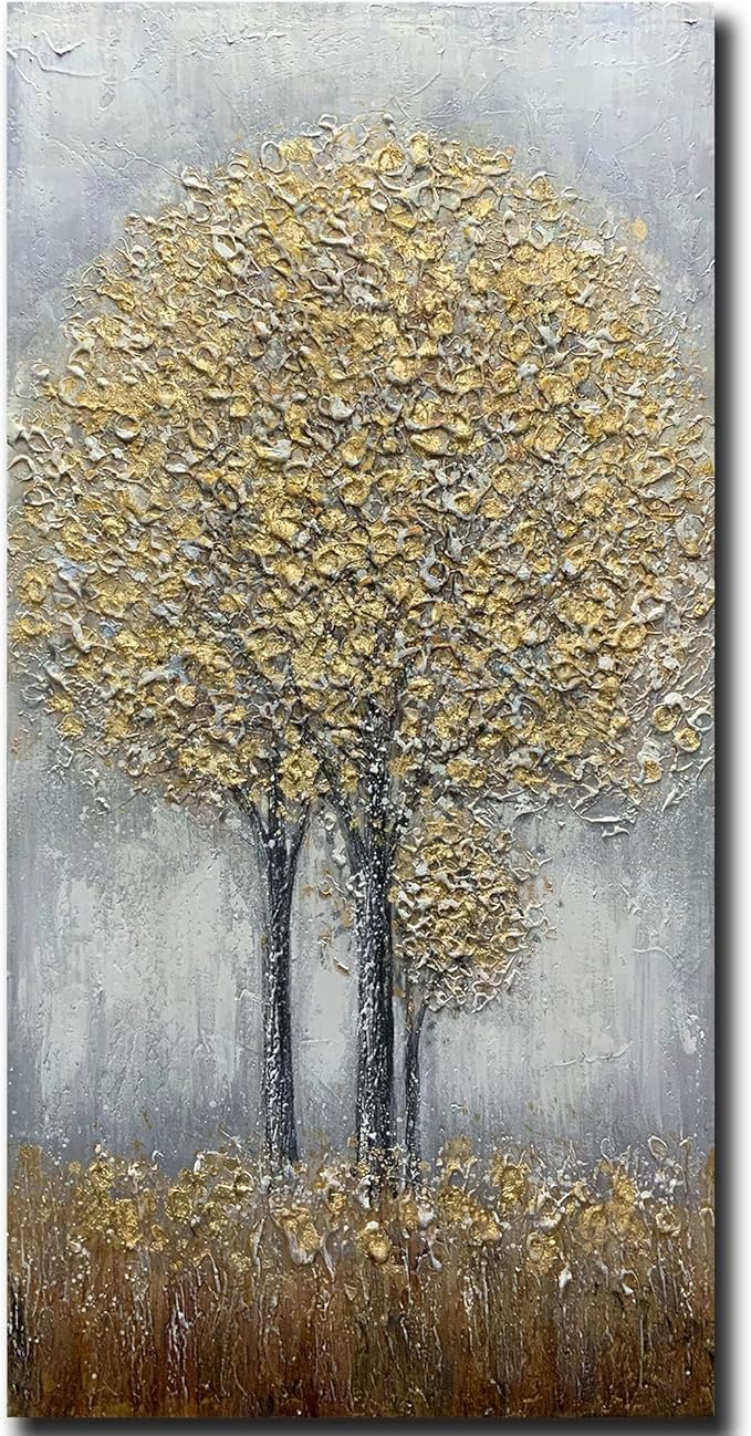 Yotree Paintings, 24x48 Inch Paintings Oil Hand Painting Blue-gray Tree Painting 3D Hand-Painted On Canvas Abstract Artwork Art Wood Inside Framed Hanging Wall Decoration Abstract Painting