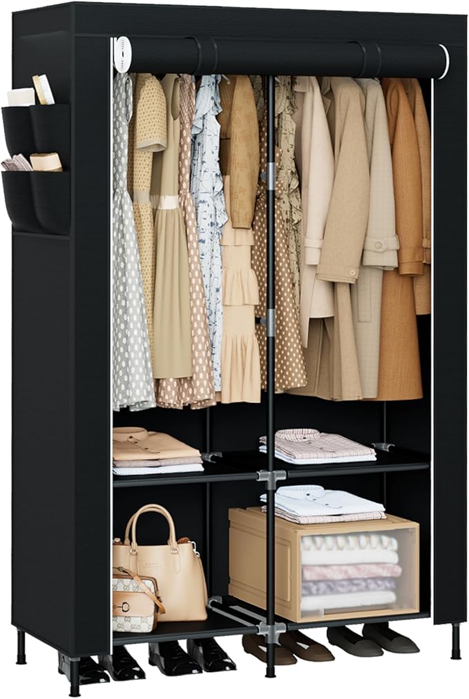 Portable Closet, 34 Inch Large Capacity Wardrobe Closet with Cover, Clothes Storage Organizer with Shelves and 2 Hanging Rods, Easy to Assembly, Black PCT202B01