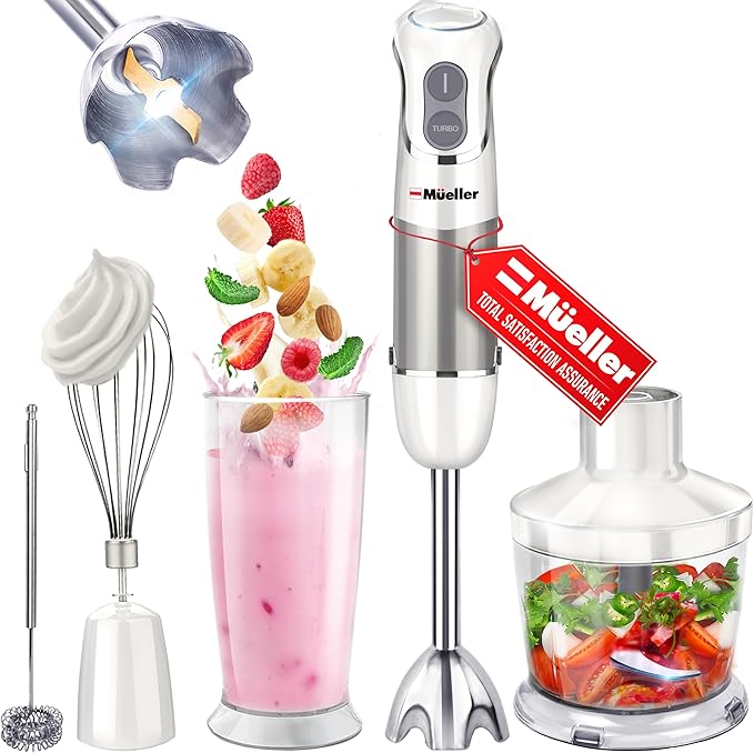Mueller Multistick 800W 5-in-1 Immersion Blender Handheld, 12 Speed Hand Mixer - Turbo Boost, Heaviest Duty Copper Motor, Titanium Blades Blenders for Kitchen, Milk Frother Wand, Whisk, White