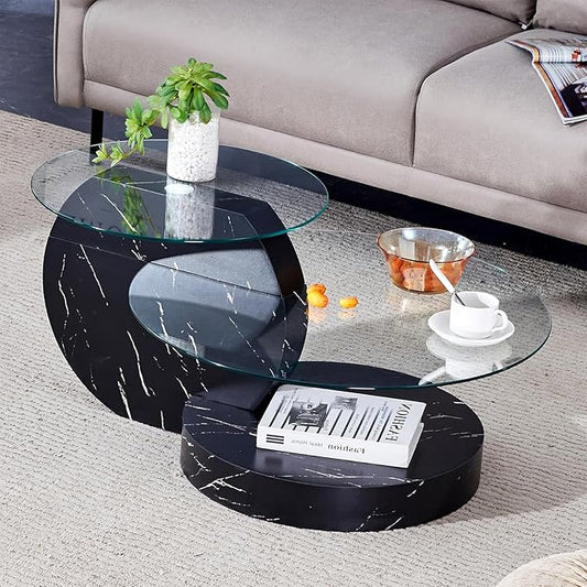 Glass Coffee Table, Modern Round Glass Coffee Table with Wooden Base, 3 Tier Round Coffee Table, Clear Cocktail Table with Storage for Living Room, Office, Balcony, Black