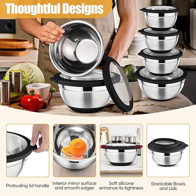 P&P CHEF Black Mixing Bowls Set of 6, Stainless Steel Mixing Bowl with Visible Lids for Salad, Metal Nesting Serving Bowls for Kitchen Cooking Prepping Storing Food, 4.6/3.5/2.6/2/1.5/1 QT