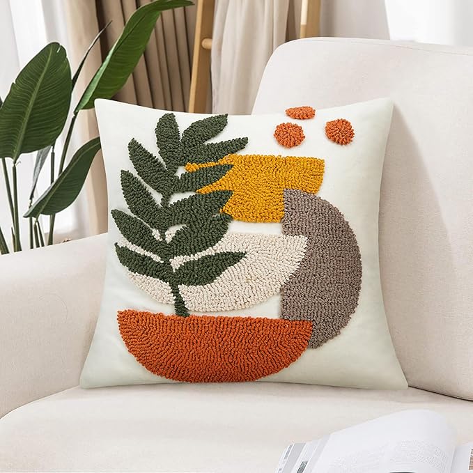 Merrycolor Boho Decorative Throw Pillow Covers Abstract Tufted Mid Century Modern Throw Pillows Green Leaf Sun Aesthetic Textured Pillow Cover Decorative Throw Pillows for Bed Couch Sofa,18x18