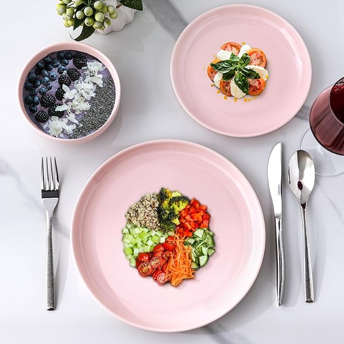 AmorArc Ceramic Dinnerware Sets for 4, Pocelain Plates and Bowls Sets, Scratch Resistant Dishes Set, Dishwasher & Microwave & Oven Safe,Pink-12 pcs
