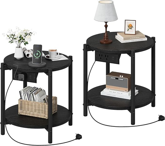 LIKIMIO Small Round End Tables Set of 2 with Charging Station, 2-Tier Wooden Side Tables, 15.8" W Modern Nightstands for Small Spaces, Living Room, Bedroom, Black
