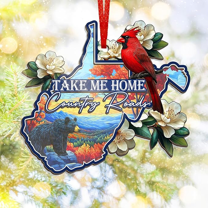 FLAGWIX West Virginia Gifts for Women Men - Suncatcher West Virginia Christmas Ornaments 2025 - Rhododendron Flower and Cardinal Christmas Decorations, State Cardinal Christmas Ornaments for Tree