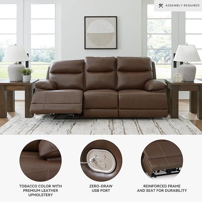 Signature Design by Ashley VonRyan Modern Leather Match Power Reclining Sofa with USB Ports, Dark Brown