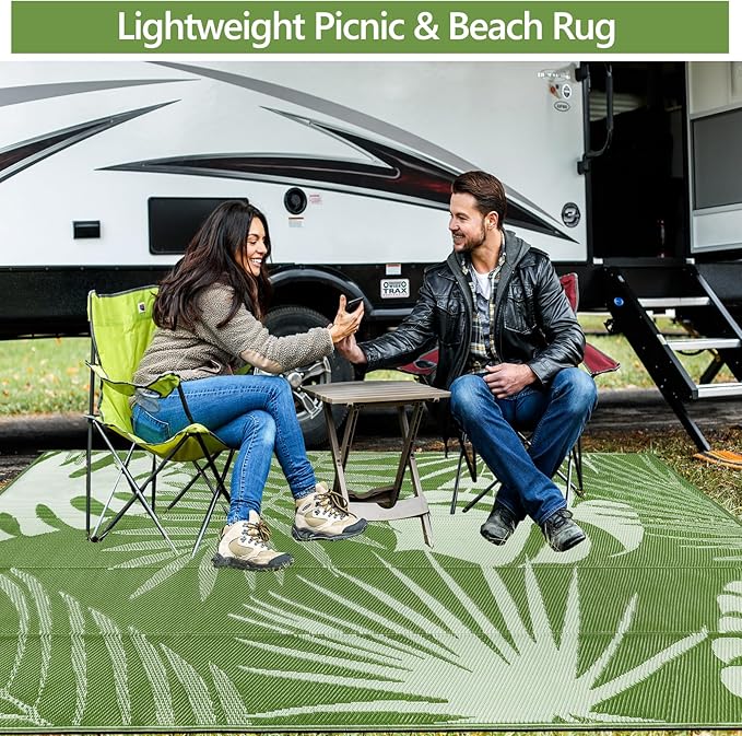 Waterproof Outdoor Rug 6x9 ft, Reversible Plastic Straw Mat with Leaf Pattern, Large Floor Mat for Patio, Camping, Picnic, Backyard RV, Deck, Light Green