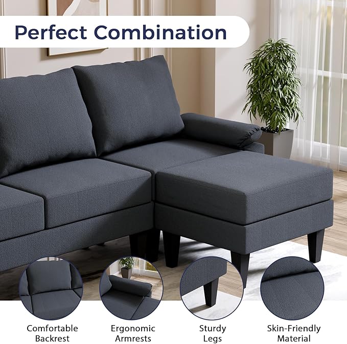 FONTOI U Shaped Sectional Couch, Convertible Modular Sectional Sofa with Chaise & Ottomans, Modern 6 Seat U Shaped Couches for Living Room Apartment, Blue