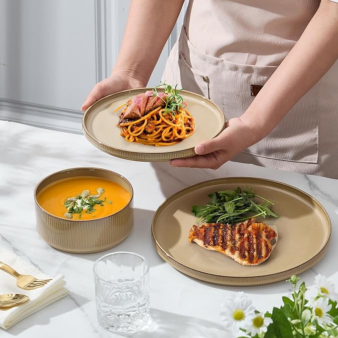E-far 12-Piece Plates and Bowls Sets, Stoneware Dinnerware Dishes Sets for 4, Kitchen Modern Dining Dishware, Chip & Scratch Resistant, Microwave & Dishwasher Safe, Caramel Khaki