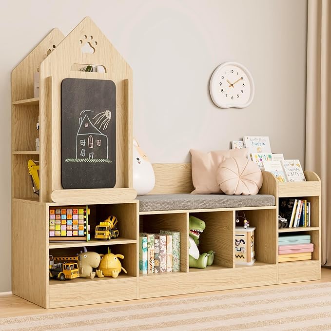 Xilingol Kids Reading Nook with Storage Bench and Chalkboard, Wooden Kids Bookshelf and Toy Storage, Toy Organizer for Boys & Girls, Toddler Reading Nook for Bedroom, Nursery, Playroom, Natural Oak