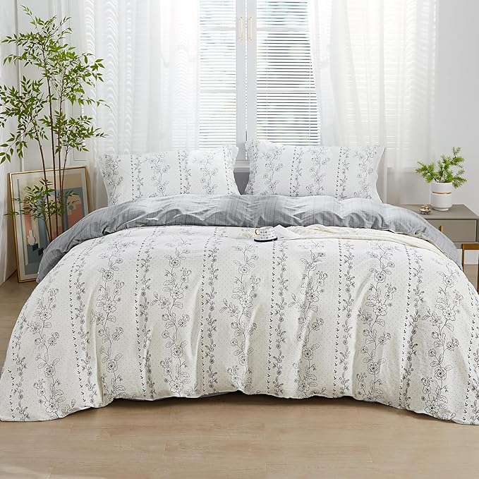 SAPHREAS Grey Floral Pattern Duvet Cover Set Twin Size 2pcs Bedding Comforter Cover Set 100% Cotton 1 Duvet Cover 68"x90" 1 Pillow Sham, Comforter Not Included