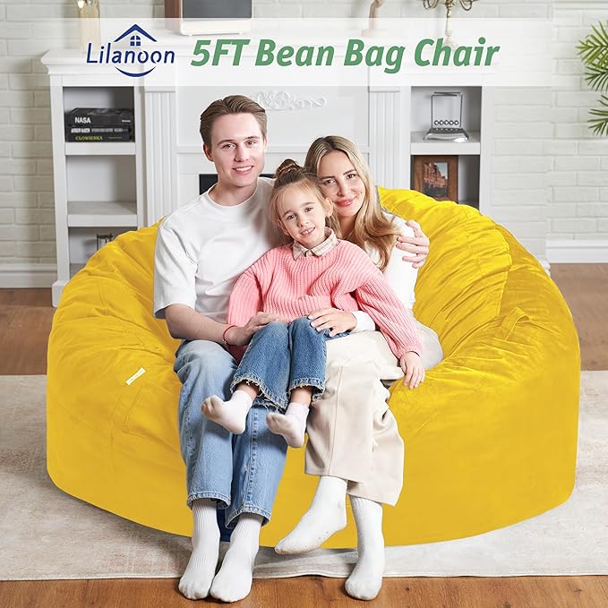 5FT Bean Bag Chair with Ultra Soft Velvet Cover Bean Bag Sofa with Memory Foam Bean Bag Chairs with Large Size Lazy Sofa for Dorm Office Living Room Bedroom Yellow 5'