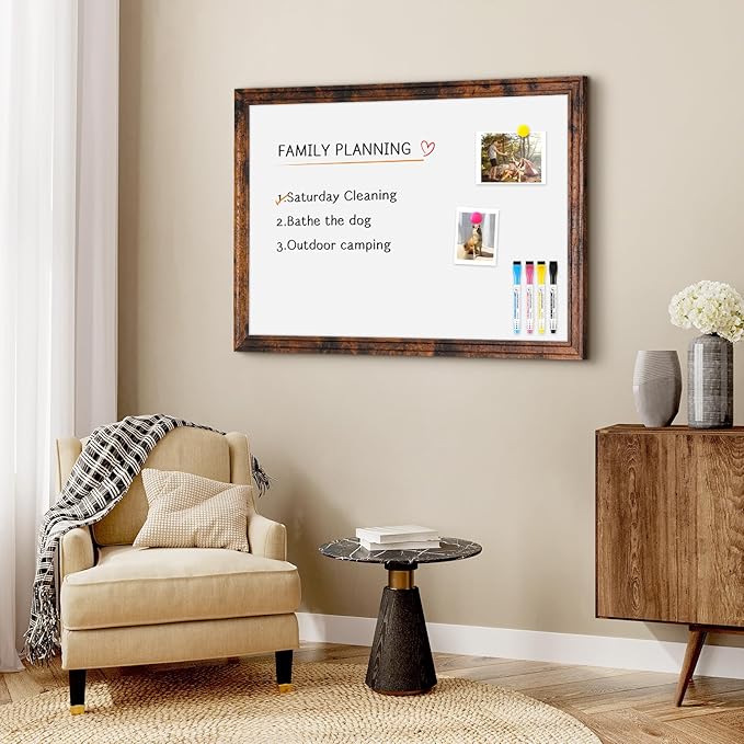 4 THOUGHT Dry Erase Board, 36" x 24" Magnetic Whiteboard Brown Vintage Wood Frame Wall-Mounted White Board Decorative Notice Board School, Office, Home, 6 Magnets 4 Markers 1 Eraser