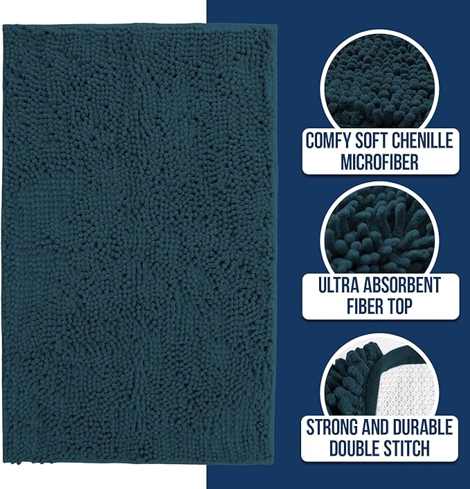 Muddy Mat Chenille Bathroom Rugs Quick Dry Microfiber Mats Non Slip Washable, Extra Thick, Soft and Highly Absorbent Bath Mats for Bathroom, Kitchen, and Shower Floor - Atlantic Blue Medium 30"X19"