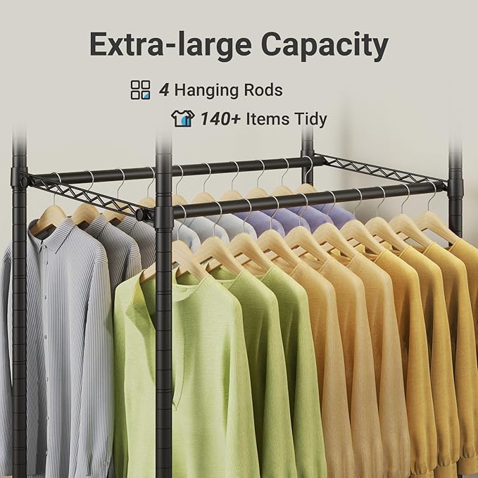 VIPEK R2 Pro Rolling Garment Rack 2-Sided Hanging Heavy Duty Clothes Racks with Wheels Adjustable Shelves Hanging Rods Metal Portable Closet Storage Freestanding Clothing Rack, Max load 600lbs, Black