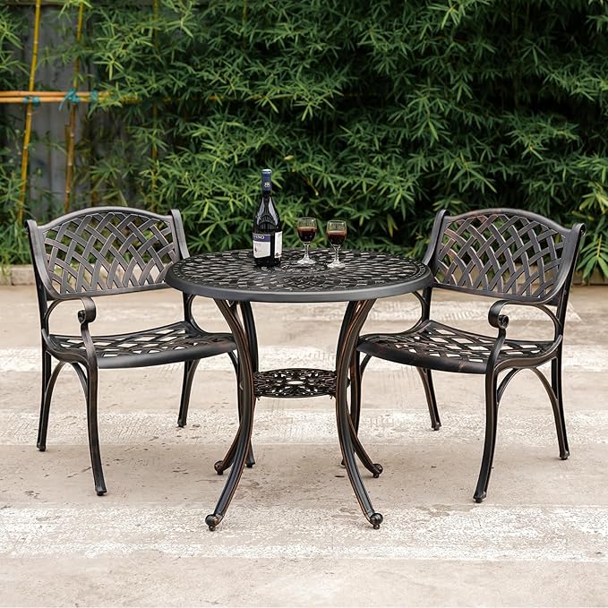 Cast Aluminum Patio Dining Set, Outdoor Bistro Set, 31.5" Round Outdoor Dining Table with Umbrella Hole, 2 Patio Chairs for Yard Porch Garden Balcony