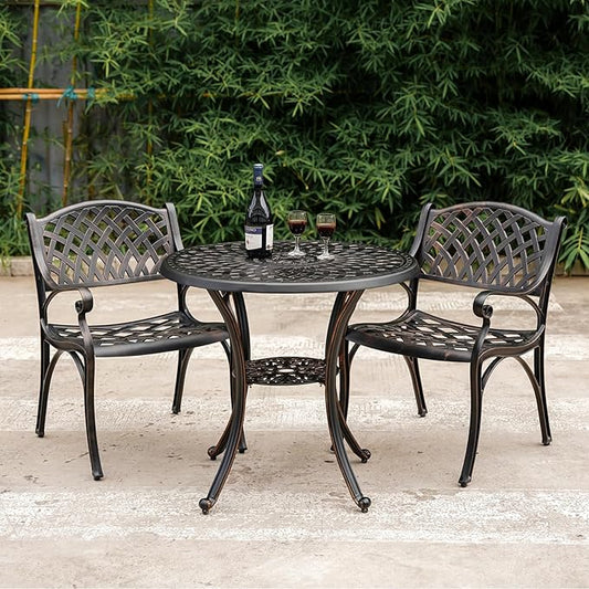 Cast Aluminum Patio Dining Set, Outdoor Bistro Set, 31.5" Round Outdoor Dining Table with Umbrella Hole, 2 Patio Chairs for Yard Porch Garden Balcony