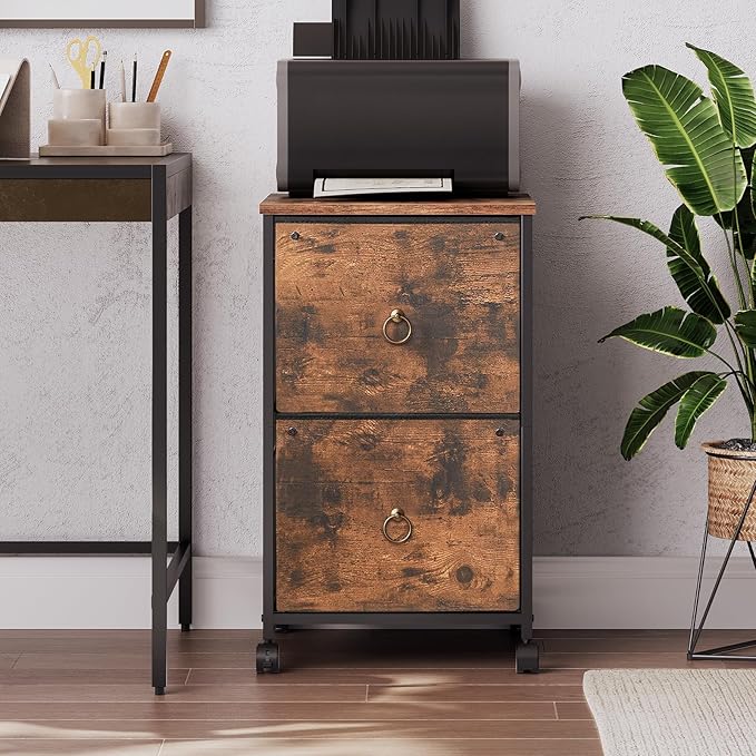 HOOBRO 2 Drawer Mobile File Cabinet, Rolling Printer Stand, Vertical Office Filing Cabinet for Home Office, A4/Letter Size, Nonwovens Drawer, Rustic Brown BF20WJ01