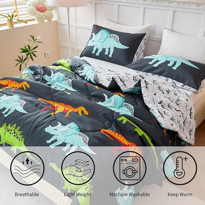 RYNGHIPY Dinosaur Bedding Set - Twin Size Kids Comforter Set for Boys & Girls - Soft, Breathable, Cute Dinosaur Bed Set for All Season (Black, Twin)