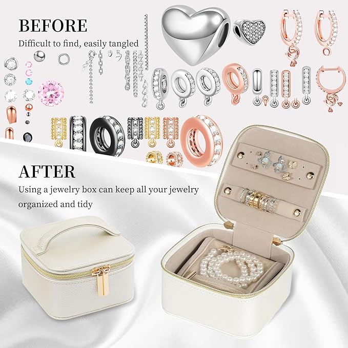 PU Leather Travel Jewelry Organizer Case with 4 Pouches & Handle, Anti-Tangle Storage Box for Necklace, Earrings, Rings, Compact Jewelry Box for Women Gift (Beige)