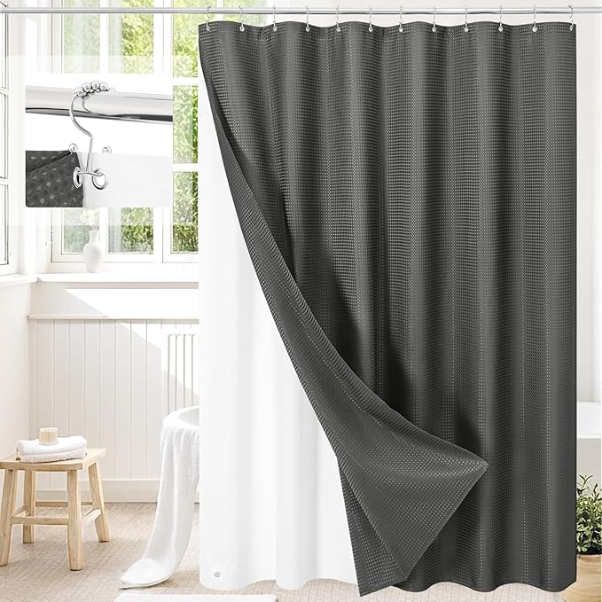3 in 1 Extra Long Charcoal Grey Shower Curtain Set-72 W x 84 H, Modern Waffle and PEVA Liner Set with 12 Stainless Steel Hooks, Waterproof Fabric for Bathroom
