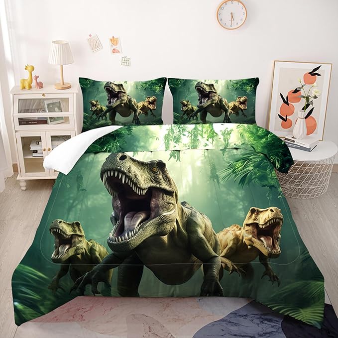 Kids King Size Dinosaur Comforter Set for Boys 3 Pieces Soft Lightweight Dinosaur Bedding Set Bed in a Bag Breathable Boys Twin Comforter Set with 1 Comforter and 2 Pillowcases