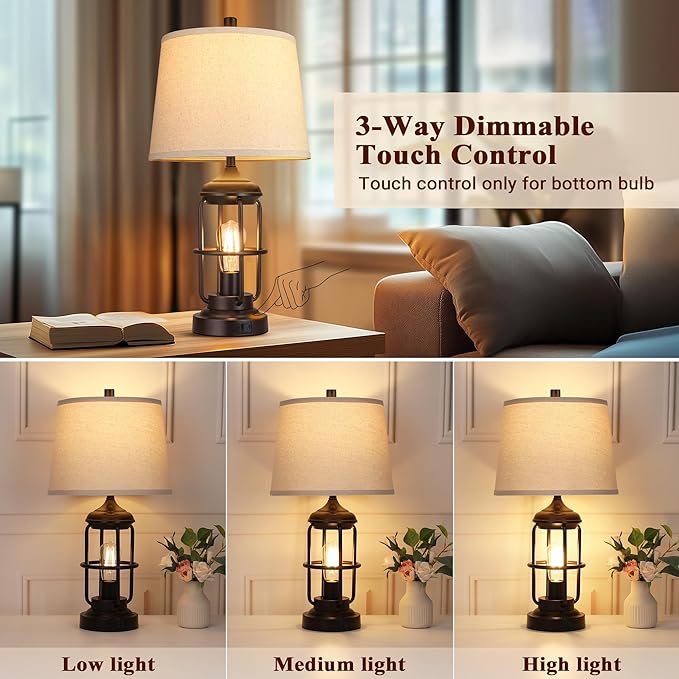 QiMH Table Lamp for Bedroom with USB A+C Ports, Farmhouse Bedside Lamp with Night Light, 3-Way Dimmable Touch Control, Rustic Industrial Nightstand Lamp for Living Room,1 Pack (2700K Bulbs Included)