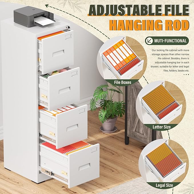Greenvelly 4 Drawer File Cabinet with Lock, White Metal Vertical Filing Cabinet for Home Office Fit Legal/Letter/A4/F4 Size with Hanging Bars&Key