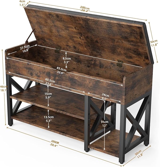 Shoe Bench, Lift Top Shoe Storage Bench, Adjustable Shelf Entryway Bench, Metal and Wood Shoe Rack Organizer with Cushion for Entry, Closet, Living Room, Bedroom, Hallway (Brown, 39.5“W)