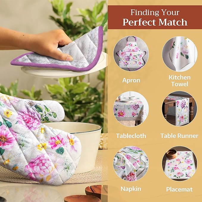 Maison d' Hermine Oven Gloves 100% Cotton Oven Mitt 7" x 13" with Loop Heat Resistant, BBQ, Cooking Gloves, Baking, Grilling, Kitchen, Handling Hot Pans Spring/Summer (Pack of 1, Pivoine)