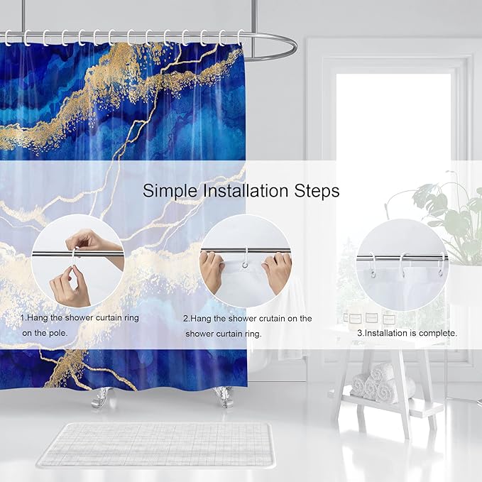 Marble Shower Curtain, Blue Marble Shower Curtain Set, Abstract Luxury Navy Blue Gold Glitter Veins Texture Marble Shower stall Curtain for Bathroom, Waterproof Fabric with 12 Hooks, 72 x 72 inches