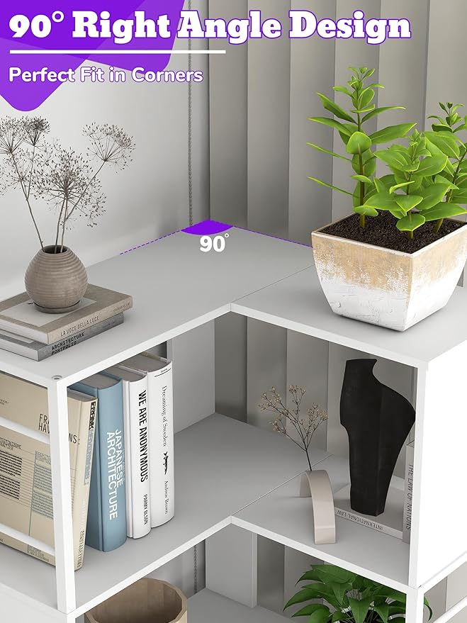 7 Tier Corner Bookshelf 74 Inches Tall Corner Bookcase Industrial L Shaped Book Shelf with Metal Frame Display Rack Storage Organize for Home Office,Living Room,Bed Room (White)