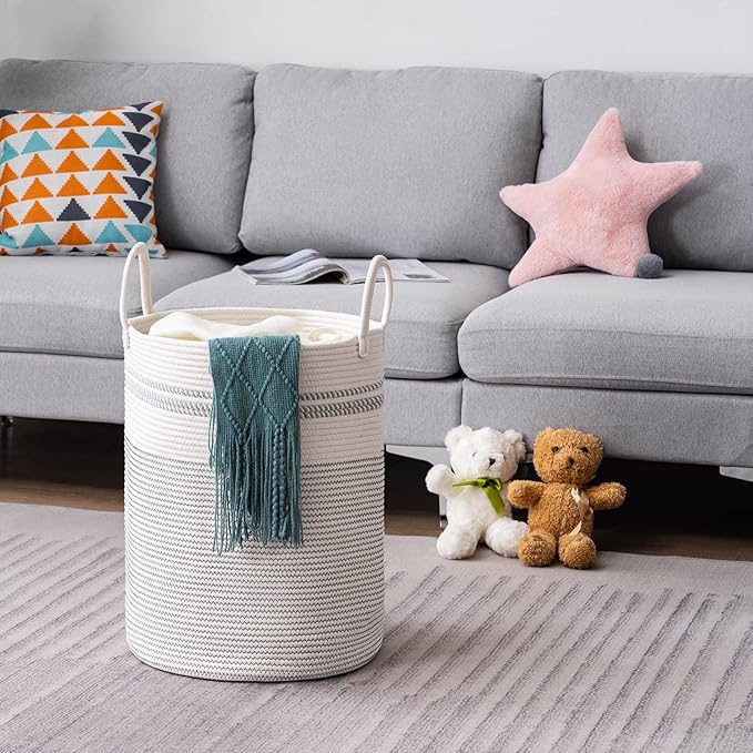 Woven Rope Laundry Hamper Basket, 58L Tall Luandry Basket, Baby Nursery Hamper for Blanket Storage, Clothes Hamper for Laundry in Bedroom-Large-Stripe White