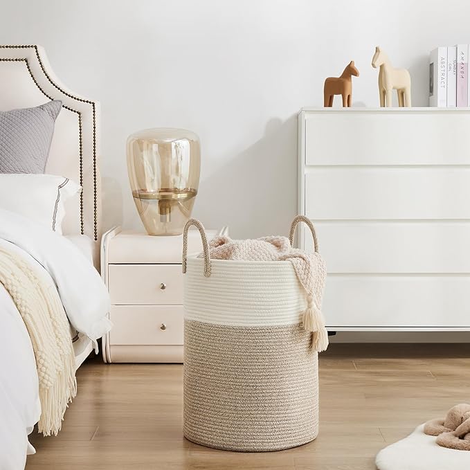 Cotton Rope Laundry Basket by YOUDENOVA, 58L Woven Collapsible Laundry Hamper, Clothes Hamper with Reinforced Handles in the Laundry Room, Bedroom, Bathroom, Brown