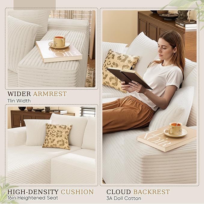 YESHOMY Sectional Couch, 108" Boneless Couches for Living Room, Modular Sectional Sofa with Deep Seat, Cloud Comfy Couch with L-Shape Chaise, No Assembly Required (Corduroy, Cream)