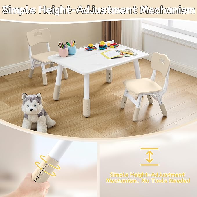 Toddler Table and Chair Set for Ages 3-8, Adjustable Kids Table and Chairs for Reading,Drawing, Eating, Children Activity Table with Graffiti Tabletop for Daycare/Classroom/Home/Preschool