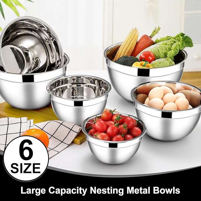 E-far Mixing Bowls with Lids, 12-Piece Stainless Steel Salad Bowls Metal Nesting Bowls for Baking Cooking and Prepping, Airtight Lids & Stackable Design, Size 7, 4.5, 3, 1.5, 1.2, 0.7 QT (Black)