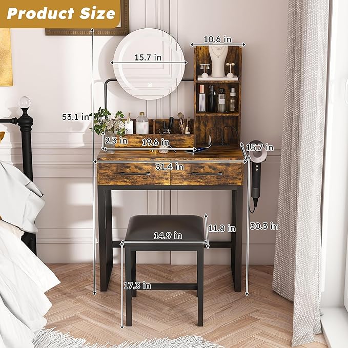 Ball & Cast Vanity Desk with Mirror & Power Outlet,3 Dimmable Colors Light Small Makeup Vanity Table Set with 2 Large Drawers & Chair,Adjustable Brightness Dressing Table for Women Girls Bedroom