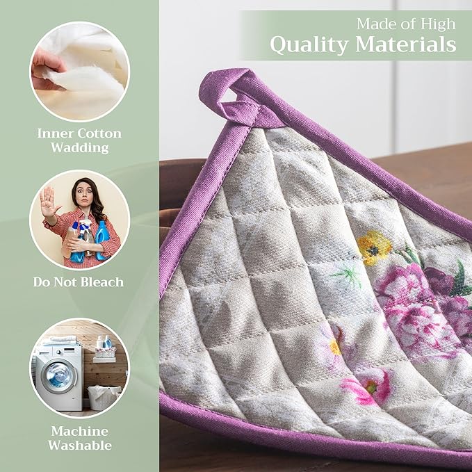 Maison d' Hermine Pot Holders Set 100% Cotton Heat Resistant Potholders 8" x 8" Hot Pads with Loop BBQ, Cooking, Baking, Grilling, Kitchen, Handling Hot Pans Spring/Summer (Pack of 2, Pivoine)