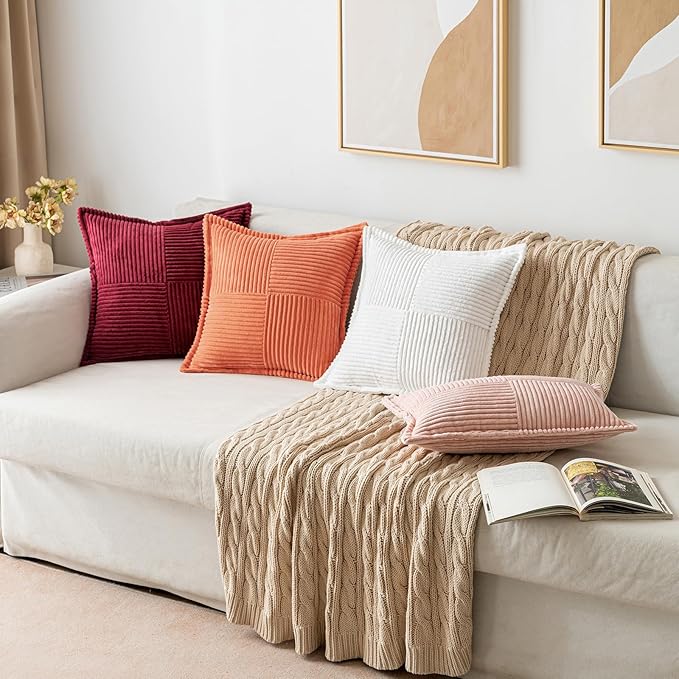 MIULEE Orange Fall Decorative Lumbar Throw Pillow Covers for Couch Bed Livingroom 12x20 Inch Set of 2 Boho Accent Throw Pllows Broadside Striped Patchwork Soft Corduroy Pillowcases