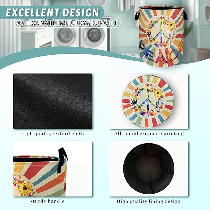 Retro Colorful Hippie Peace Laundry Basket Foldable With Handles Tote Bag Oxford Cloth Funny Laundry Hamper 18.9" x 16.5" Clothes Storage Bucket Toy Organizer For Bathroom/Laundry/Bedroom