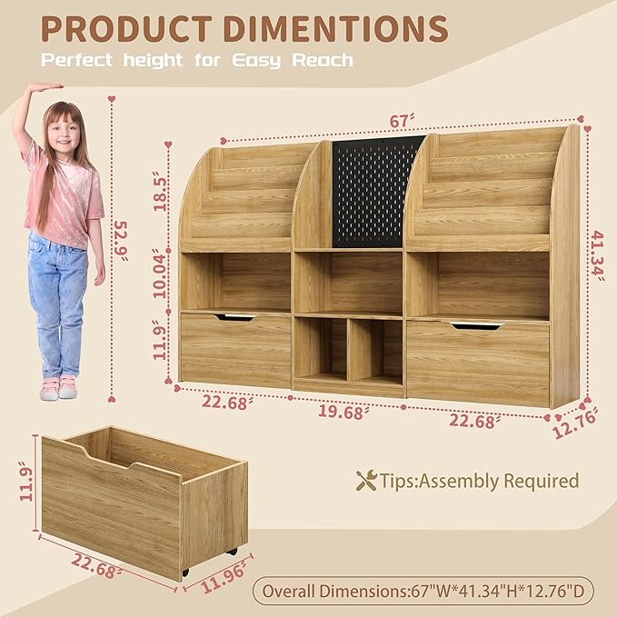 Toy Storage Organizer, Kids Book Shelf and Toy Organizer, 67" Toy Organizers and Storage with Movable Drawers, Playroom Organization and Kids Reading Nook with 5 Storage Cubbies, Natral Wood