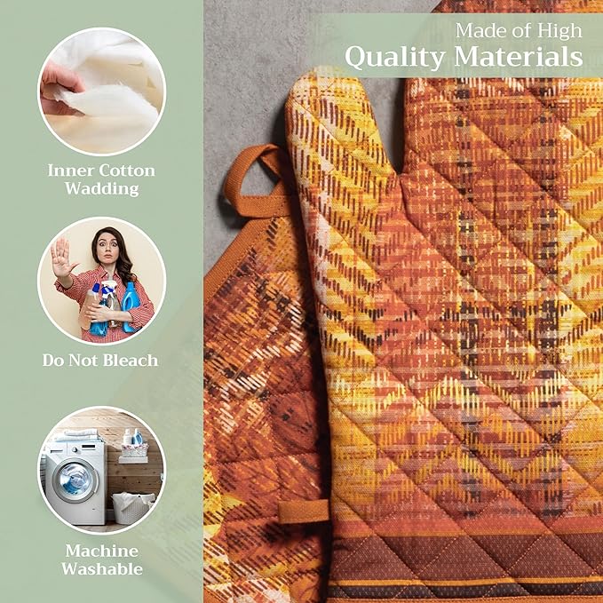 Maison d' Hermine 100% Cotton Oven Mitt & Pot Holder Set (7.5"x13" & 8"x8") Heat Resistant BBQ Cooking Gloves with Loop for Thanksgiving Christmas Decorations Handling Hot Pans (Thanksgiving Tartan)